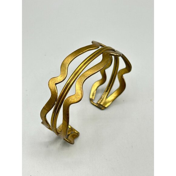 Brutalist Brass Wave Cuff Bracelet Irregular Hollow Handcrafted 70s Jewelry - Picture 2 of 9